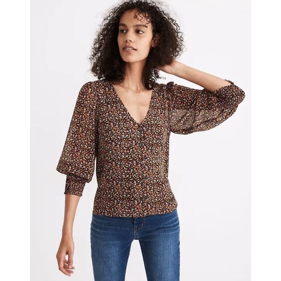 Madewell Georgette Smocked Cuff Button Front Shirt Blouse Folktale Paisley size - Picture 1 of 13
